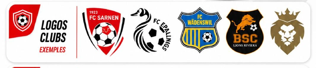 Exemples de logos de clubs floqués : FC Sarnen, FC Epalinges, FC Wädenswil, BSC Lions Riviera