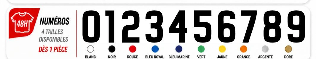 Chiffres 0 à 9 floqués, 4 tailles disponibles dès 1 pièce, en dix coloris : blanc, noir, rouge, bleu royal, bleu marine, vert, jaune, orange, argenté, doré