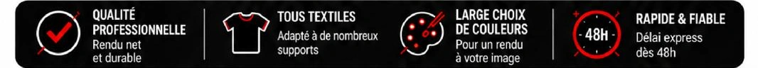 Qualité professionnelle, tous textiles, large choix de couleurs, rapide et fiable (48h)