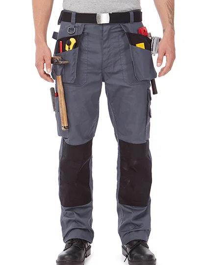 Pantalon de travail gris avec poches porte-outils et renforts genoux