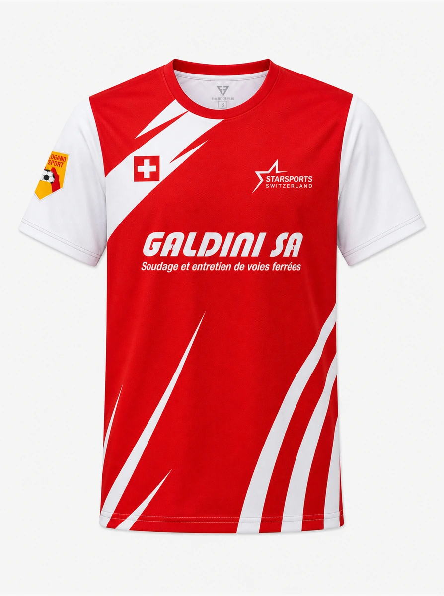 Maillot rouge et blanc floqué Galdini SA avec croix suisse et écusson de club