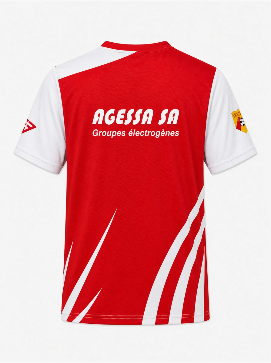 Dos d’un maillot rouge et blanc floqué Agessa SA, groupes électrogènes