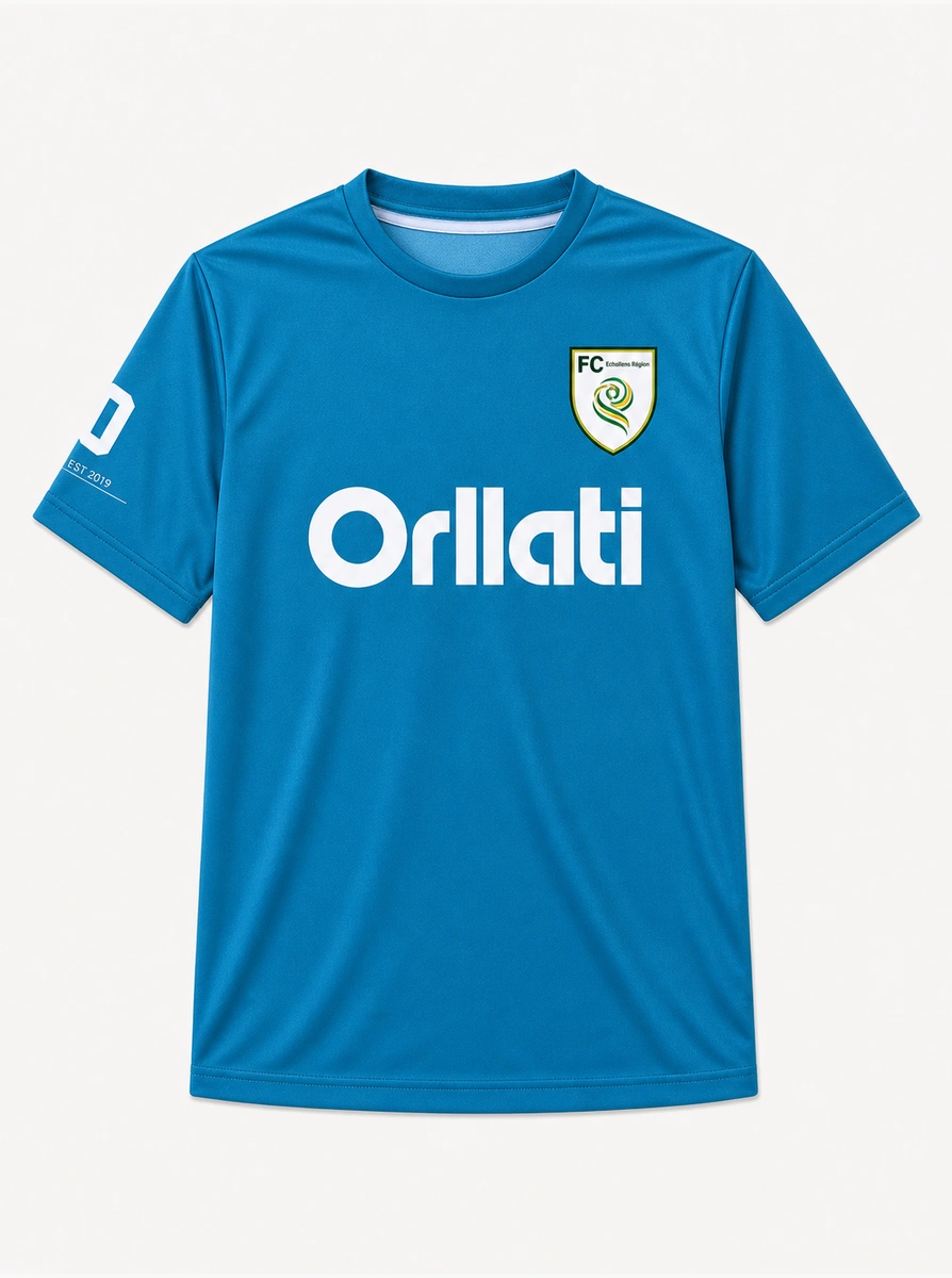 Maillot bleu de club floqué Orllati avec écusson de FC sur la poitrine