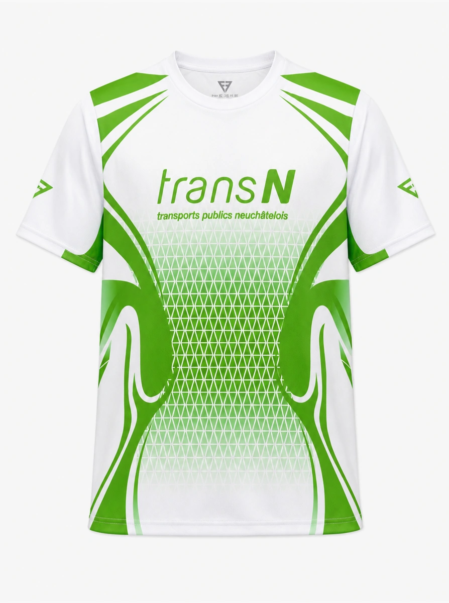 Maillot blanc et vert floqué transN, transports publics neuchâtelois, vu de face