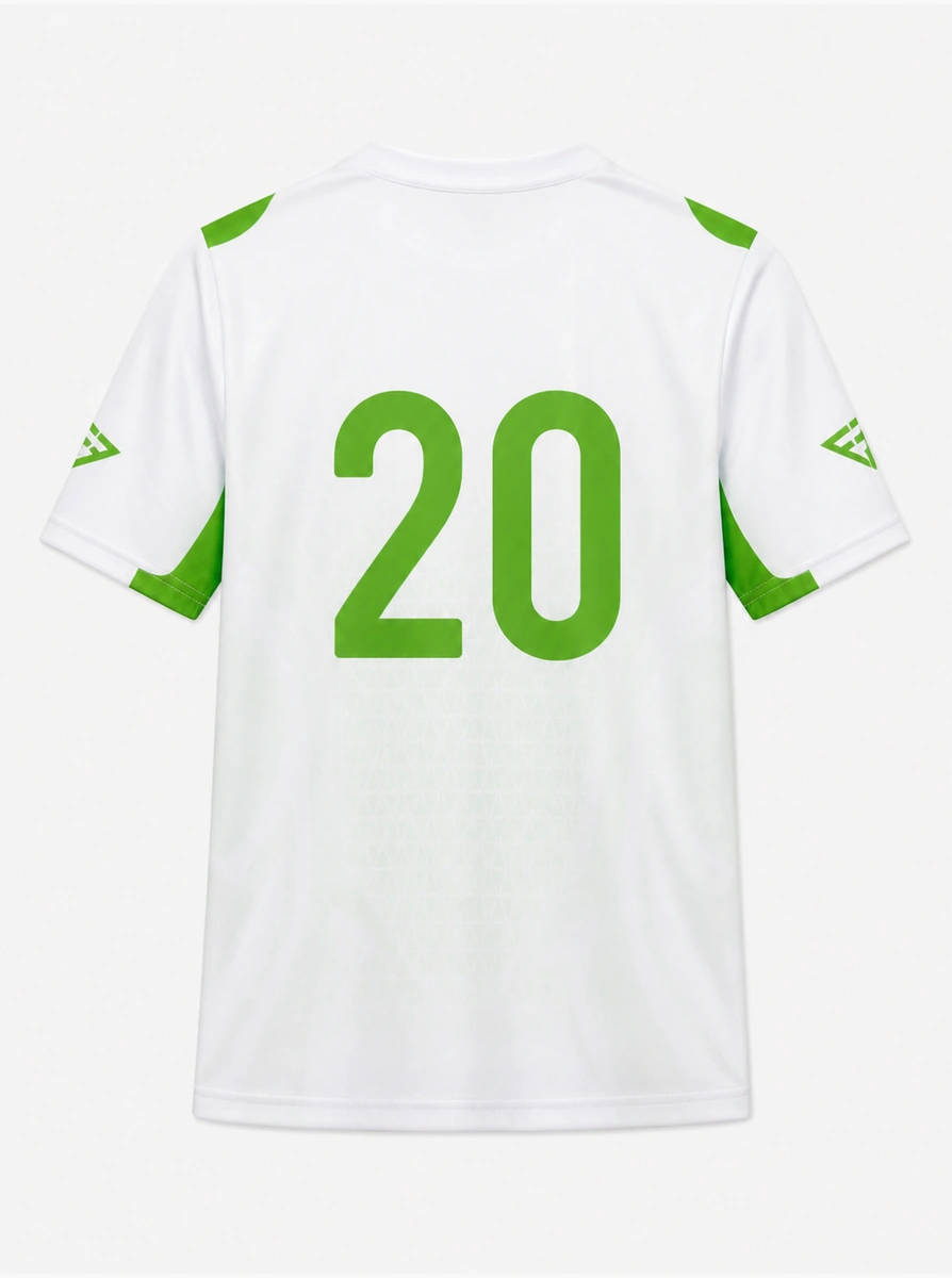 Dos du même maillot blanc et vert, avec le numéro 20 floqué