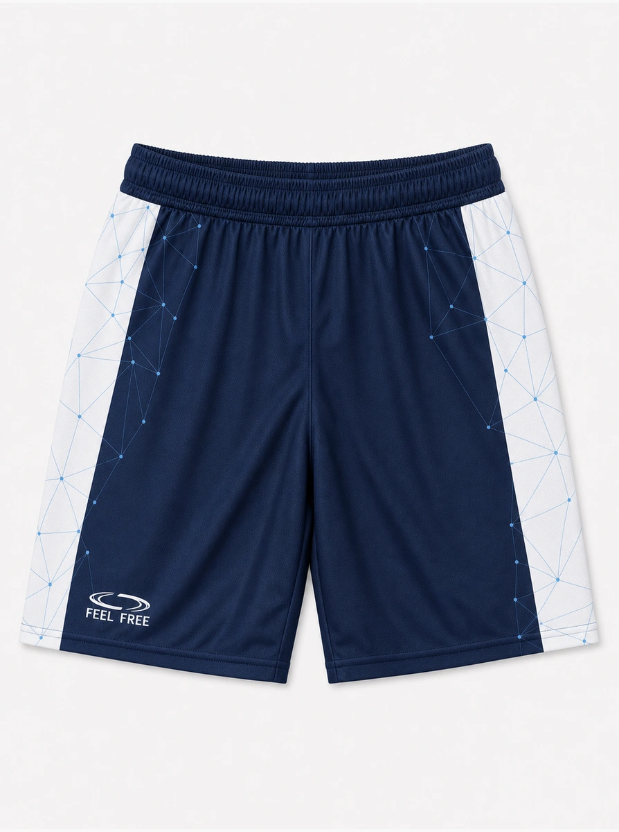 Short de sport bleu marine assorti, à empiècements blancs floqué Feel Free