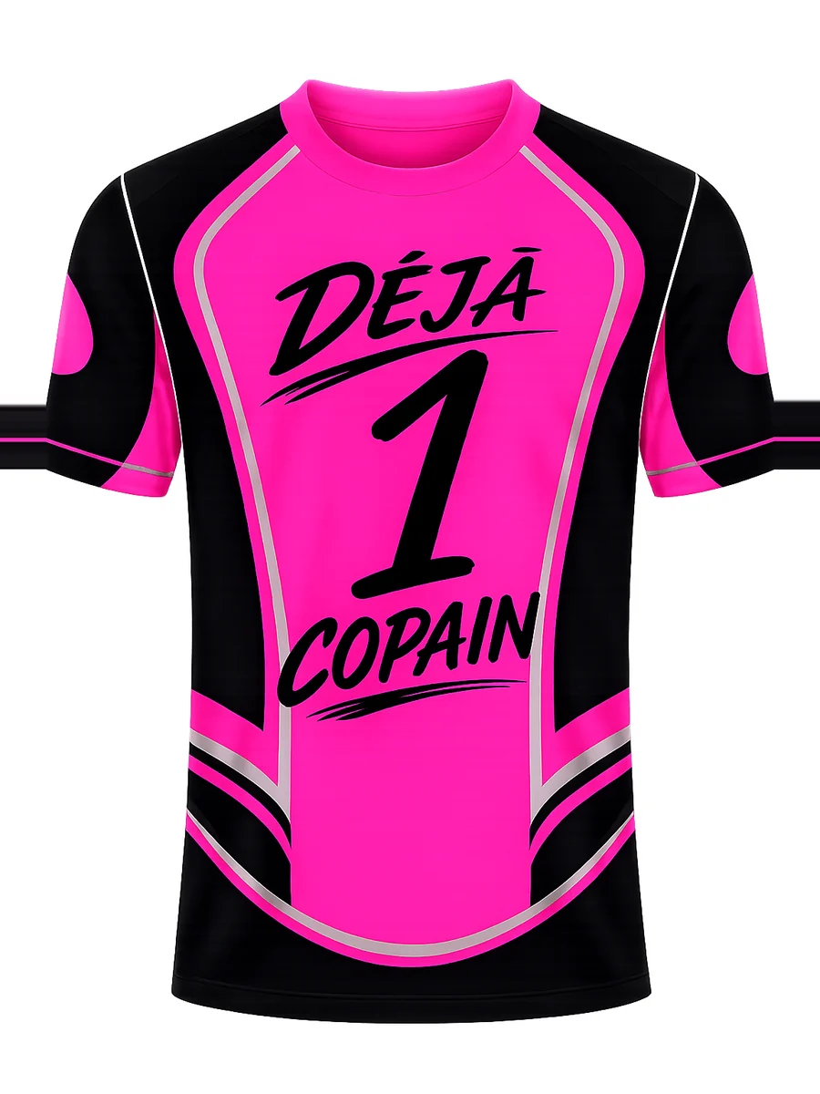 Maillot rose et noir floqué « Déjà 1 copain », vue de face